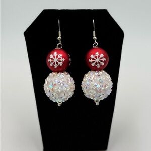 Homemade Elegant Red and White Snowflake Earrings